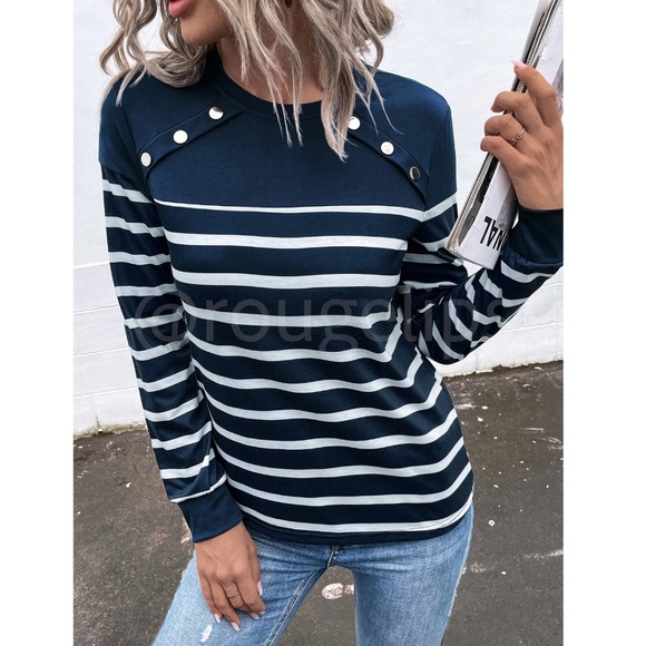 Striped Button Detail Round Neck Long Sleeve Navy Blue Tee Shirt - Picture 6 of 8